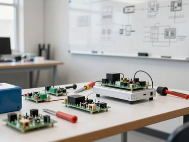 Crisp industrial photography of a modern active workshop in Lindon, Utah, with electronic prototype components, tools, and whiteboard schematics visible under bright natural light, sharp focus, 35mm lens.