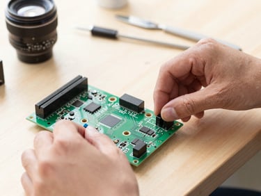 Crisp industrial photography of hands assembling an electronic circuit board on a wooden workbench, bright natural workshop light, high-contrast, 35mm lens.