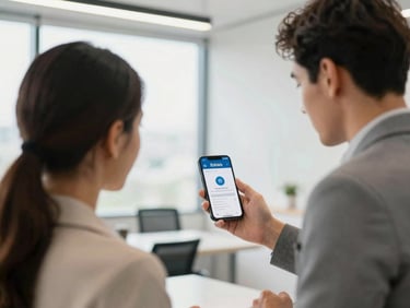 Real estate agent showing Estao.app on smartphone to a colleague in a modern office, bright natural daylight
