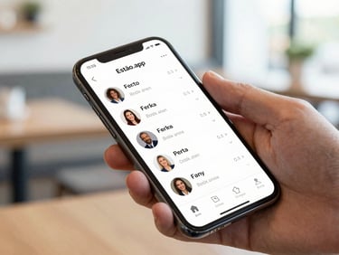 Close-up of Estao.app interface on a mobile phone, displaying client profiles and property matching features, agent's thumb scrolling, modern cafe setting, soft lighting.