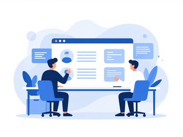 Clean vector illustration of developers collaborating over a modular digital interface, sharp geometric lines, blue and white palette, professional minimalist style