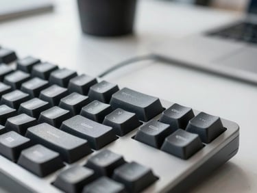 Macro close-up of a mechanical keyboard and a clean desk setup in a London office, sharp contrast, cool daylight, 35mm lens