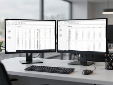 Modern clean workspace with dual monitor setup showing clean data dashboards, cool overcast daylight, desaturated tones, 35mm lens