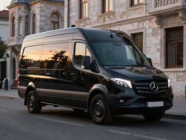 Sleek black Mercedes Sprinter parked on a clean street in Istanbul at dusk, historic architecture in the background, professional automotive shot.