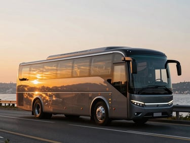 Modern luxury tour bus on the highway along the Bosphorus, clean design, sunset lighting, sharp focus, 35mm