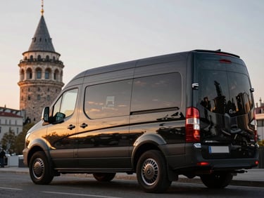 Sleek black Mercedes Sprinter parked in front of Galata Tower at dusk, sharp focus, metallic silver accents, 35mm