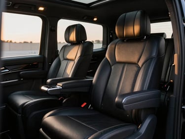 Interior close-up of a luxury black Mercedes Vito VIP with premium leather seats, ambient lighting, and high-end details, sharp focus.