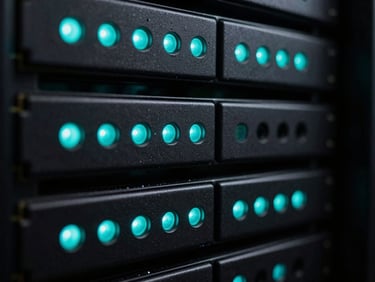 Macro close-up of server rack status lights glowing cyan, 35mm