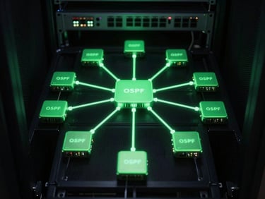 Overhead schematic of OSPF network topology map, glowing green routers, dark background, 35mm