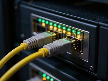 Macro close-up of a yellow fiber optic patch cable plugged into a server rack, glowing green and amber status LEDs, dark technical environment, 35mm
