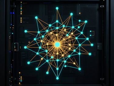 Crisp straight-on dashboard capture of a logical OSPF network topology map, glowing cyan nodes, amber alert paths, deep charcoal background, high-contrast interface details.