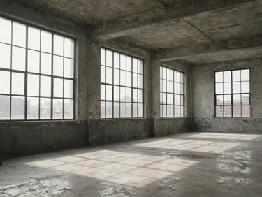 Tactile interior shot of an adaptive reuse loft, high ceilings, poured concrete floors, large steel-framed windows with soft morning light