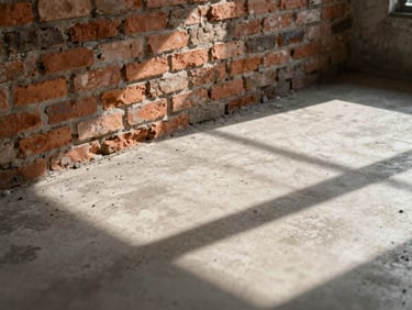 Tactile close-up of original brickwork and poured concrete floors in a sunlit loft, natural low-sun casting long shadows.