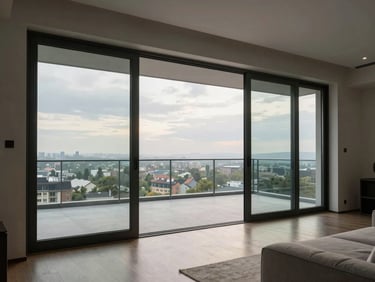 Wide interior of a penthouse living area, steel-framed glass doors opening to a private terrace, overcast afternoon daylight.