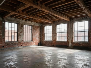 Interior of a spacious loft office with exposed timber beams and sandblasted brick walls, soft natural light from large industrial windows.
