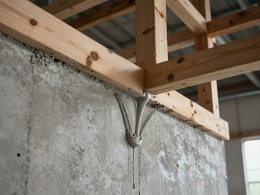 Tactile close-up of poured concrete and original structural timber inside a restored warehouse, natural soft side lighting.