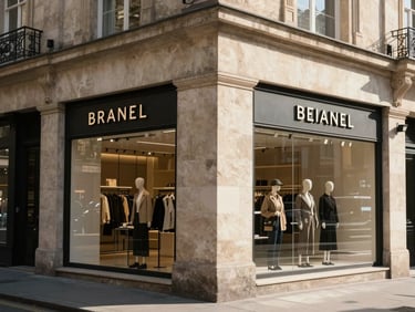 Street-level exterior of a flagship corner retail storefront with a limestone facade and large glass windows in afternoon low-sun