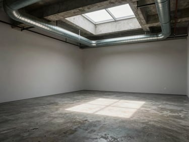 Interior of a minimalist creative office space with poured concrete floors, exposed ductwork, and natural light from skylights