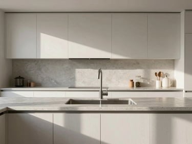 Straight-on view of a minimalist kitchen with soapstone countertops and custom white oak cabinetry under soft morning light.
