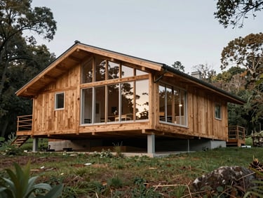 Mid-century modern residence exterior, post-and-beam timber construction, integrated into a wooded hillside, soft natural light
