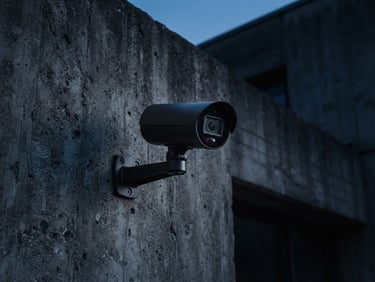Sleek matte-black security camera mounted on a raw concrete wall, dramatic twilight lighting, sharp focus, 35mm