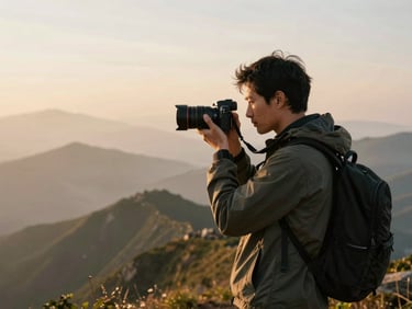 A creator holding a modern mirrorless camera, standing on a misty mountain ridge at golden hour, warm editorial photography, shallow depth of field, 35mm film look.