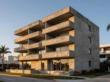 Architectural shot of a brutalist concrete estate on the Palm Beach waterfront, dramatic low-sun coastal golden hour lighting