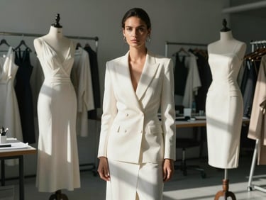 Cinematic environmental portrait of a fashion designer in a sunlit Miami atelier, high-contrast shadows, elegant white fabrics