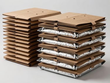 Studio three-quarter view of folded delivery sleeves and insulated pizza pouches stacked in an orderly row, controlled overhead studio lighting showing material cross-section and seam quality, minimal white background