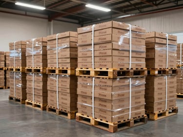 Wide three-quarter studio view of stacked pallets of custom pizza boxes wrapped and banded, clean warehouse background, overhead industrial lighting, orderly rows showing production scale, no people