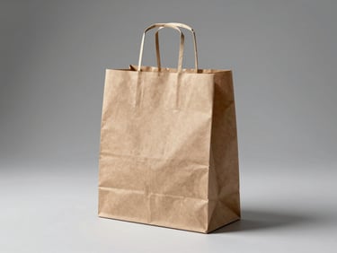 Three-quarter studio view of a flat-bottom kraft paper bag standing upright, twisted handles aligned, overhead studio light casting a clean shadow on the white surface, no food, no branding text visible