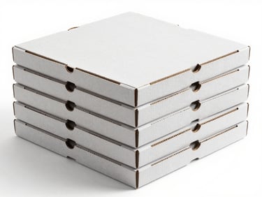 Studio overhead three-quarter view of stacked custom pizza boxes in two sizes, clean white corrugated surfaces with crisp folded corners, controlled side lighting to reveal flute depth and edge construction, white background