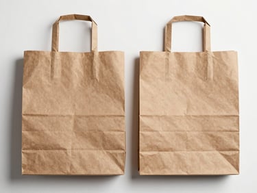 Studio overhead flat-lay of kraft paper bags in two sizes with folded tops, direct overhead lighting showing material grain and reinforced gusset seams, clean white surface background