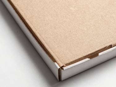 Close-up overhead studio shot of a printed pizza box lid corner showing sharp flexographic print registration, brand color blocks crisp and opaque, edge detail revealing clean board cut, no food, controlled white light