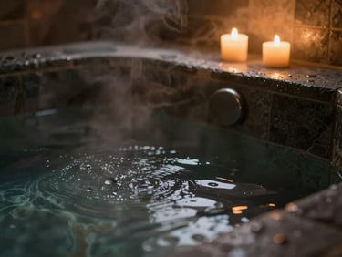 Close-up of steaming private Jacuzzi tub, water droplets on dark slate tile, low-key warm candlelight, soft amber glow, shallow depth of field