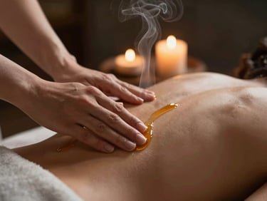 Macro shot of hands applying warm amber oil to a back, burning incense in the soft-focus background, warm candlelight, deep shadows