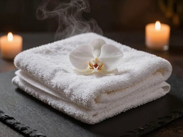 Folded plush white towels with a single orchid on top, clean dark slate surface, low-key warm lighting, moody atmosphere