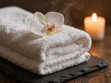 Macro close-up of folded plush white towels with a single orchid on top, resting on a dark slate counter under soft warm indirect candlelight, rich amber tones.