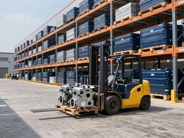 A large organized industrial warehouse with high-bay shelving, clean concrete floors, forklift moving a pallet of industrial machinery parts, bright daylight, sharp corporate photography, deep navy and golden accents, 35mm