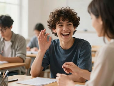 An adult student laughing while practicing French pronunciation with a teacher, warm natural lighting, cozy environment.