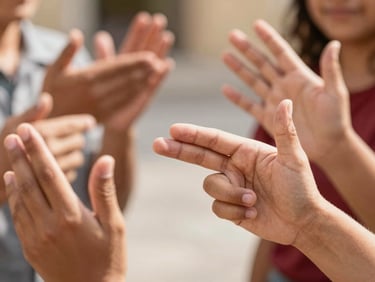 Close-up of hands expressing words in Mexican Sign Language (LSM) under warm natural light, shallow depth of field.