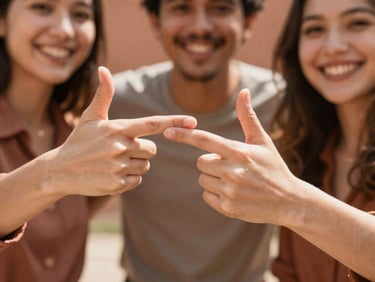 Close-up of hands expressively signing LSM in warm natural daylight, smiling faces blurred in the background, terracotta tones, editorial photography.