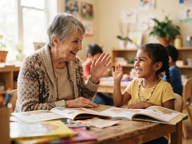 A warm, bright classroom scene where an older adult and a young child are smiling and communicating using expressive hand gestures, natural daylight, shallow depth of field.
