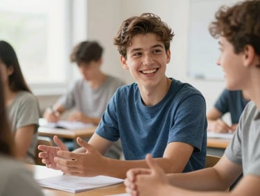 A smiling teenager talking and gesturing warmly during an English conversation class, bright daylight, shallow depth of field.
