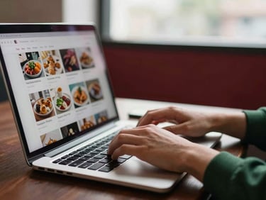 Medium shot of hands typing on a laptop, social media feed visible on screen, soft natural light, deep red accents in the background, authentic agency moment, shallow depth of field, 35mm.