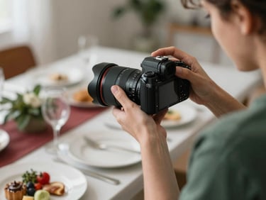Medium shot of a photographer adjusting a camera lens during a food shoot, soft natural light, blurred background of a styled table, authentic agency moment, shallow depth of field, 35mm.