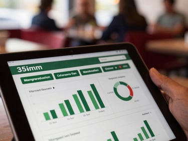 Close-up of a tablet showing targeted ad analytics with a blurred background of a bustling restaurant, soft natural side-light, deep red and forest green tones, shallow depth of field, 35mm, authentic agency moment