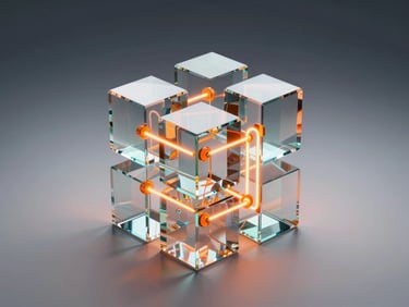 Abstract 3D digital render of interlocking glass blocks and glowing orange neon nodes, isometric perspective, dark-to-light studio background.