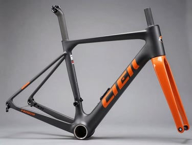 Dynamic close-up of a sleek modern bicycle frame, vibrant orange accent lines, studio lighting with sharp directional shadows.