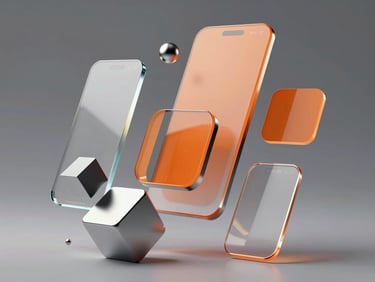 Tactile 3D geometric chrome shapes and floating glassmorphic UI cards with vibrant orange accents, angled perspective, clean studio lighting.